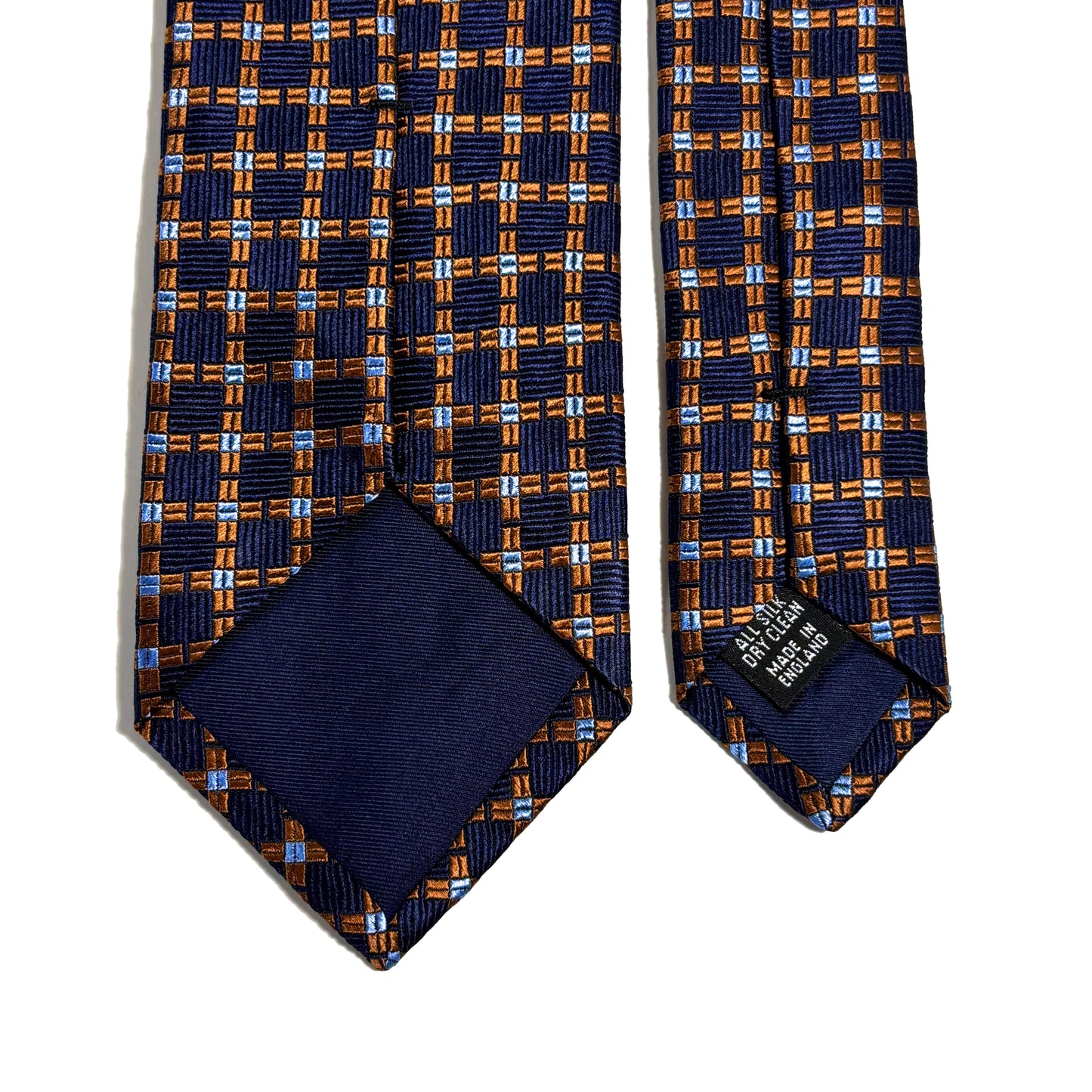 Navy Blue & Copper Geometric Silk Jacquard Tie - Handmade in England