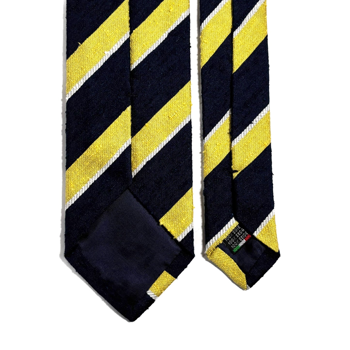 Navy Blue & Yellow Striped Silk Shantung Tie - Handmade in Italy