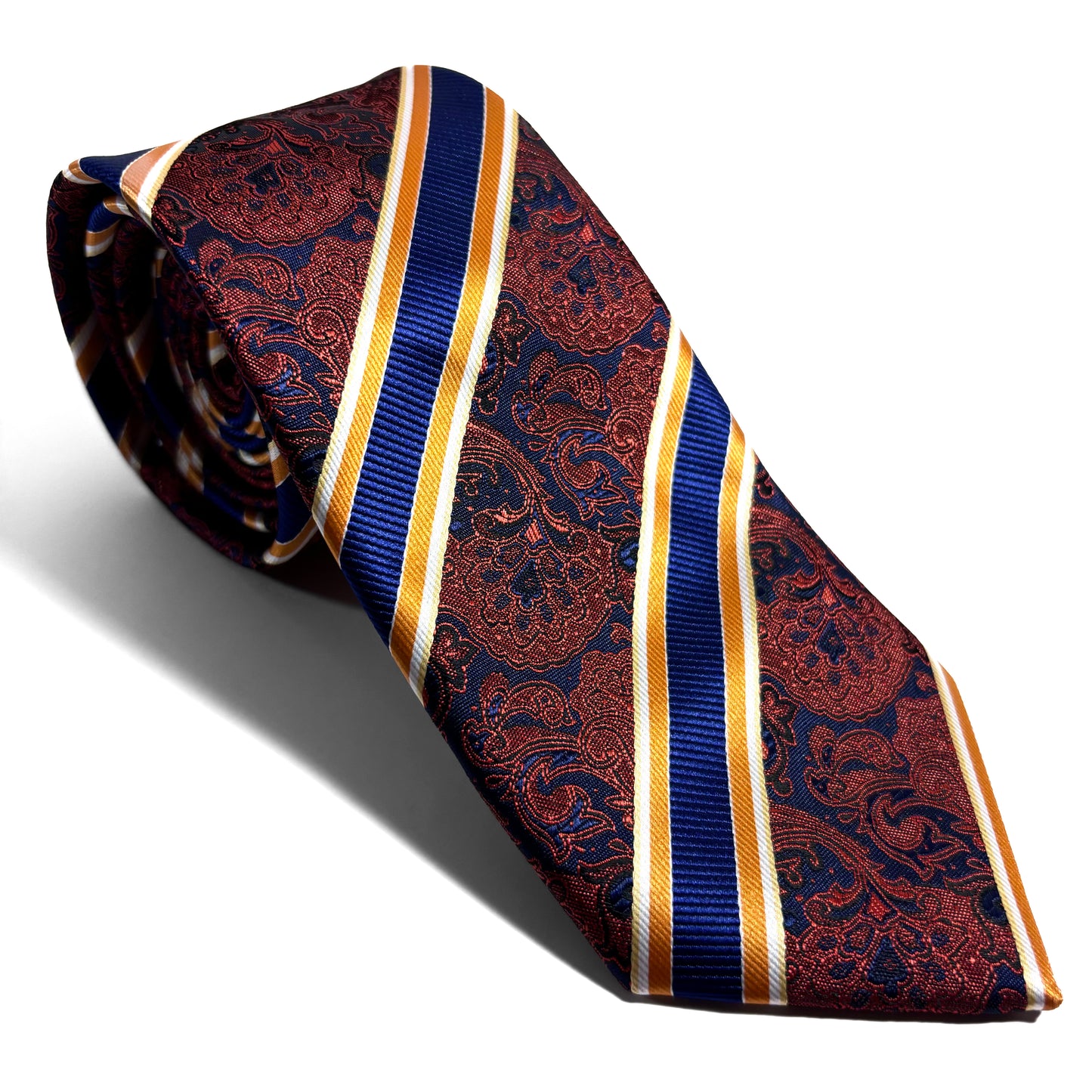 Navy Blue & Orange Paisley Striped Tie