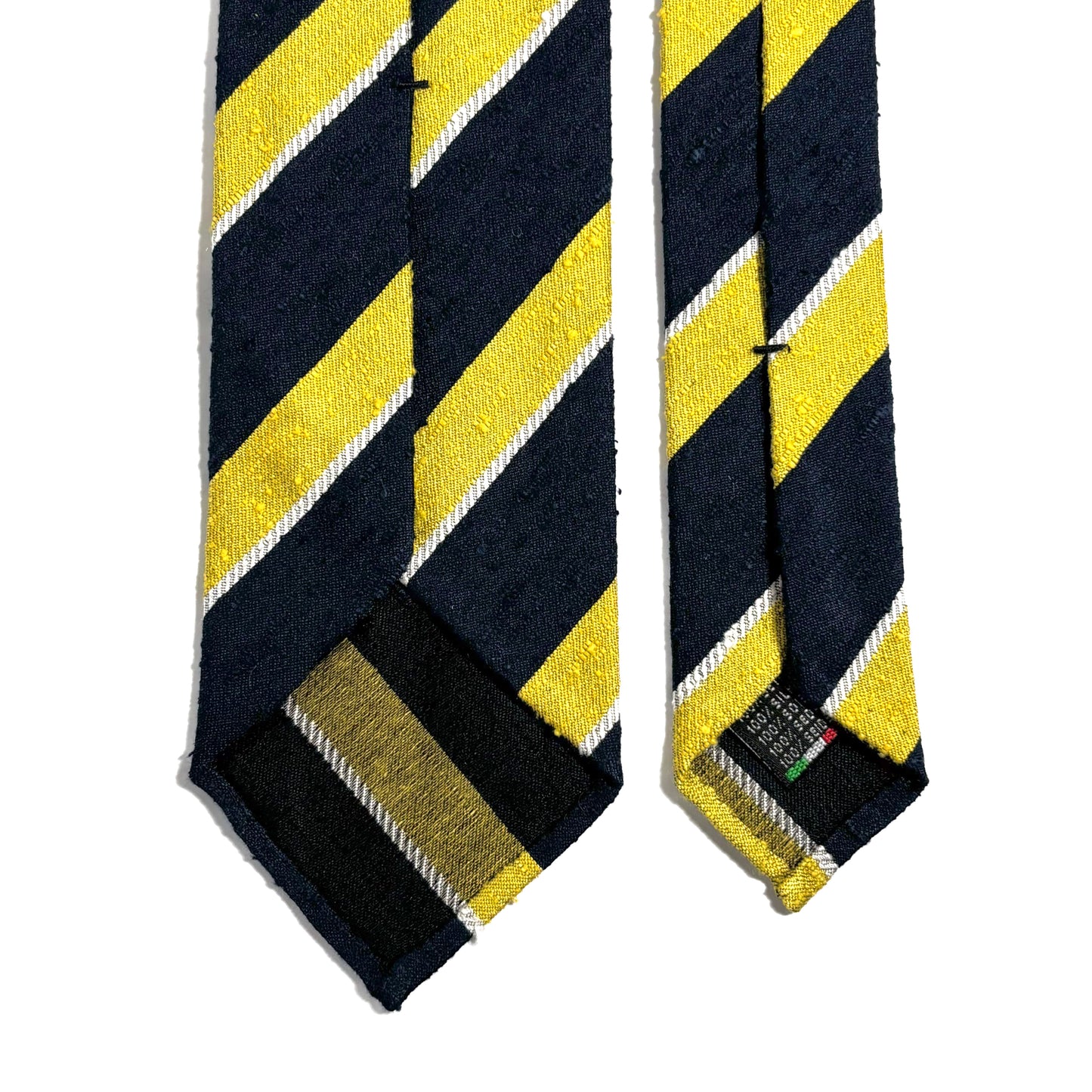 Navy Blue & Yellow Striped Silk Shantung Tie - Handmade in Italy