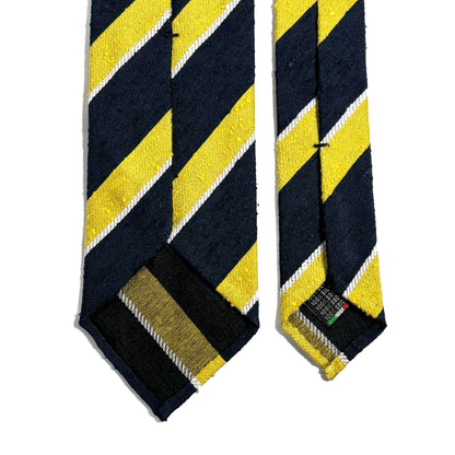 Navy Blue & Yellow Striped Silk Shantung Tie - Handmade in Italy