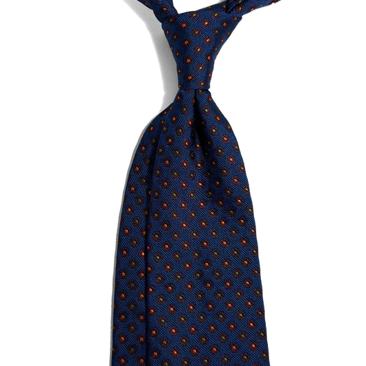 Navy Blue Floral Silk Jacquard Tie - Handmade in England