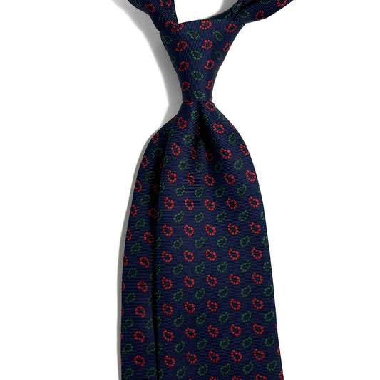 Hand-Printed Navy Blue Paisley Silk Twill Tie - Handmade in England