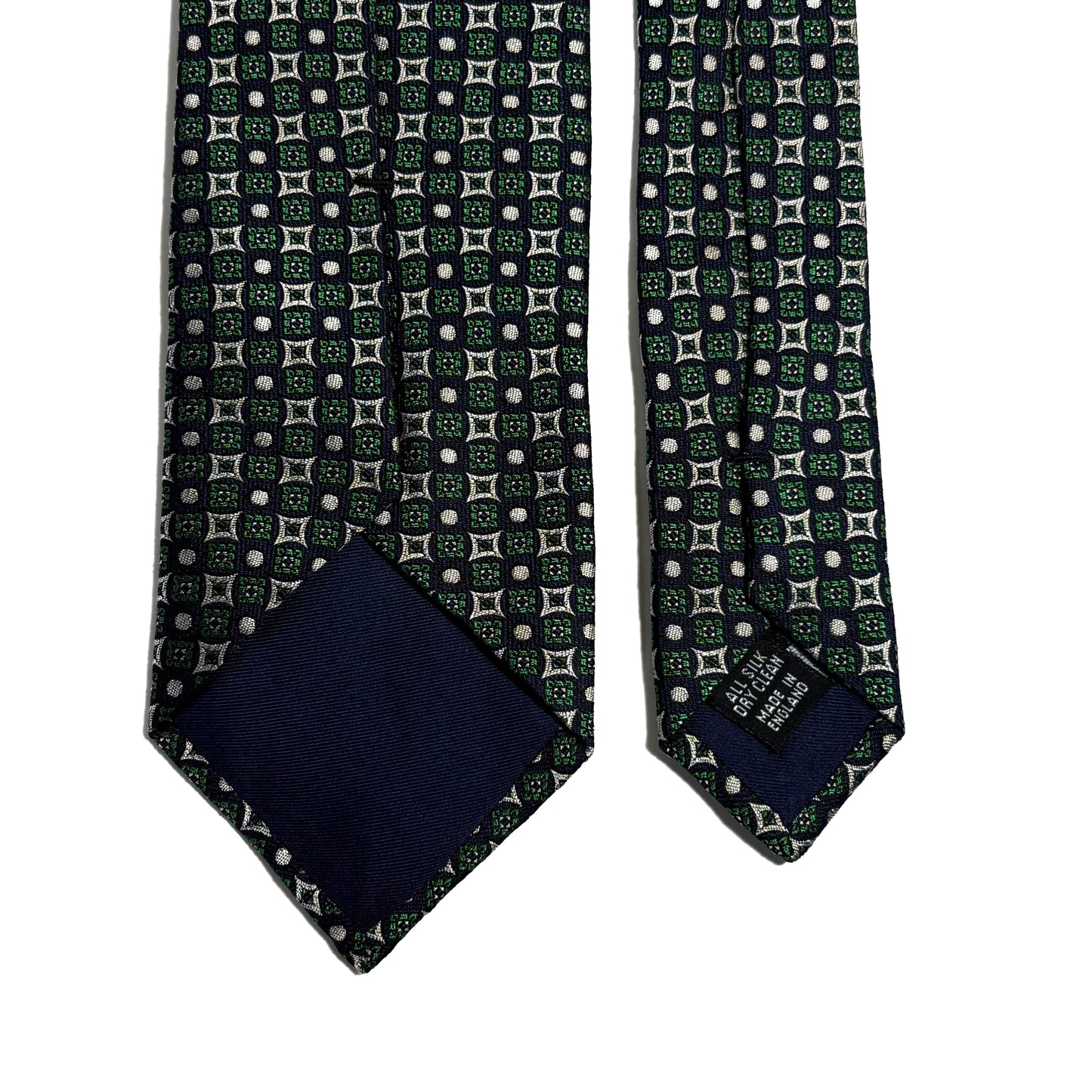 Navy Blue & Green Geometric Silk Jacquard Tie - Handmade in England