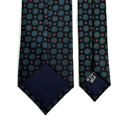 Hand-Printed Black Floral Silk Twill Tie - Handmade in England
