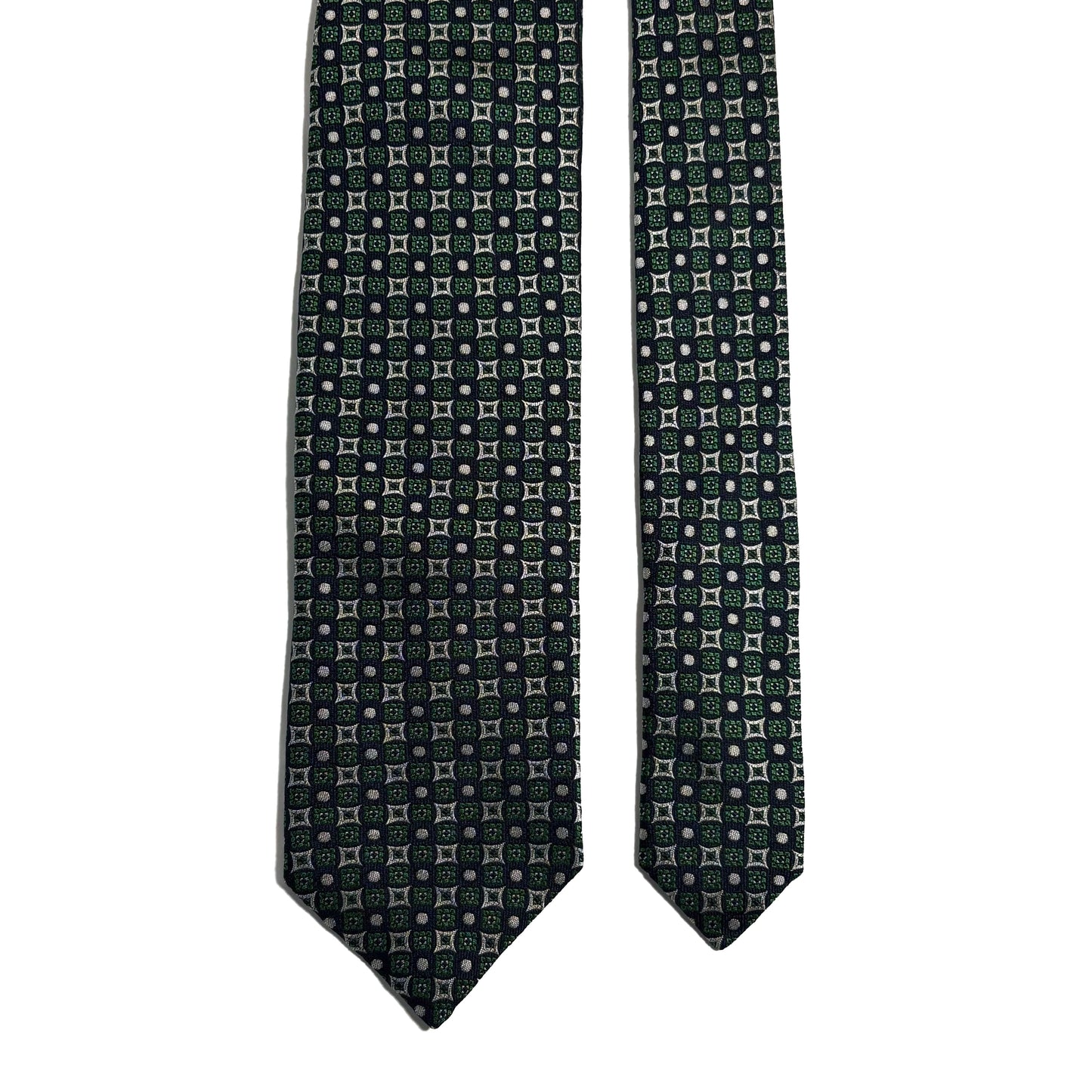 Navy Blue & Green Geometric Silk Jacquard Tie - Handmade in England
