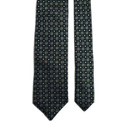 Navy Blue & Green Geometric Silk Jacquard Tie - Handmade in England