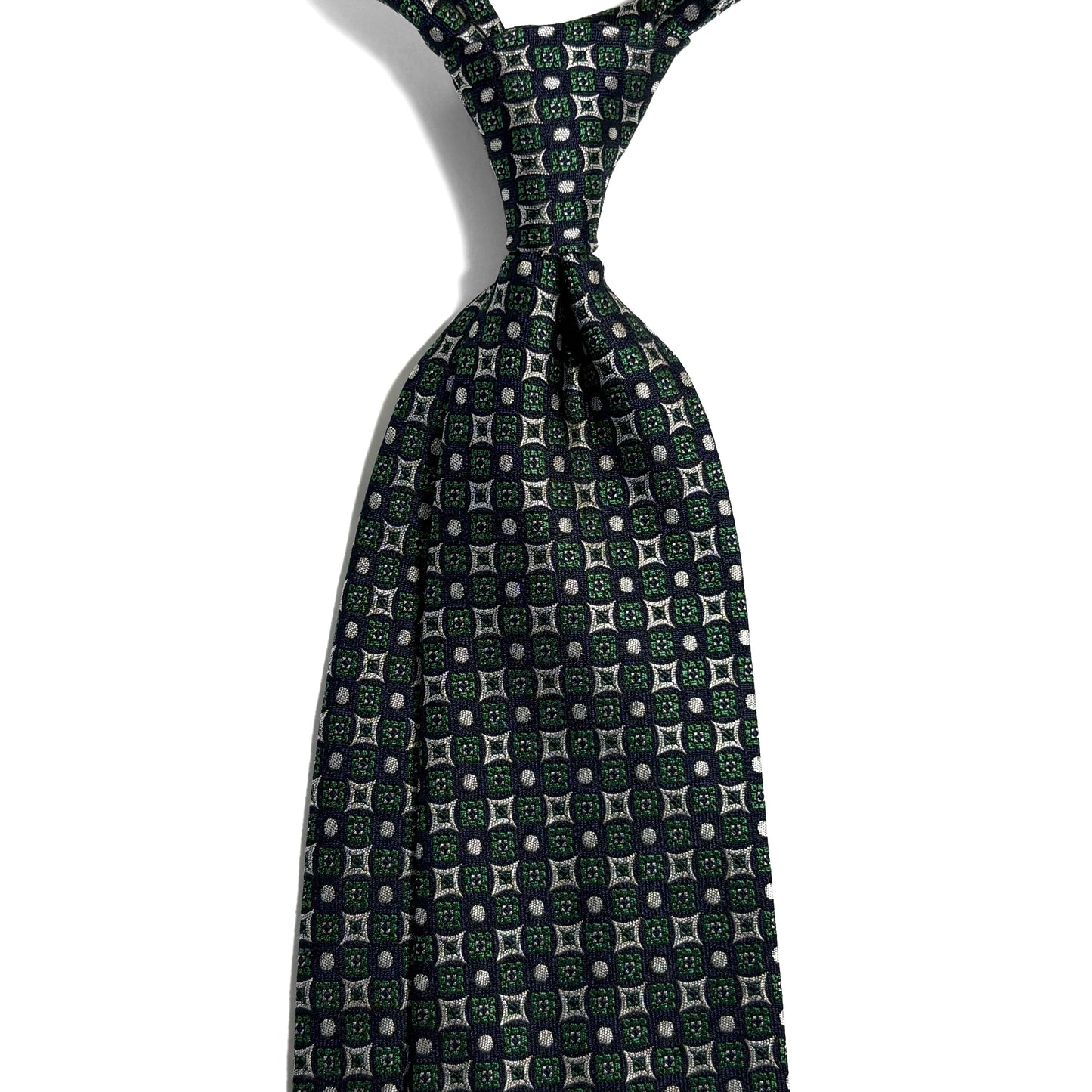Navy Blue & Green Geometric Silk Jacquard Tie - Handmade in England