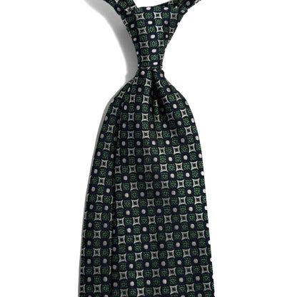 Navy Blue & Green Geometric Silk Jacquard Tie - Handmade in England