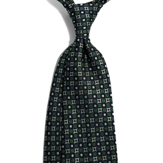 Navy Blue & Green Geometric Silk Jacquard Tie - Handmade in England