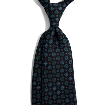 Hand-Printed Black Floral Silk Twill Tie - Handmade in England