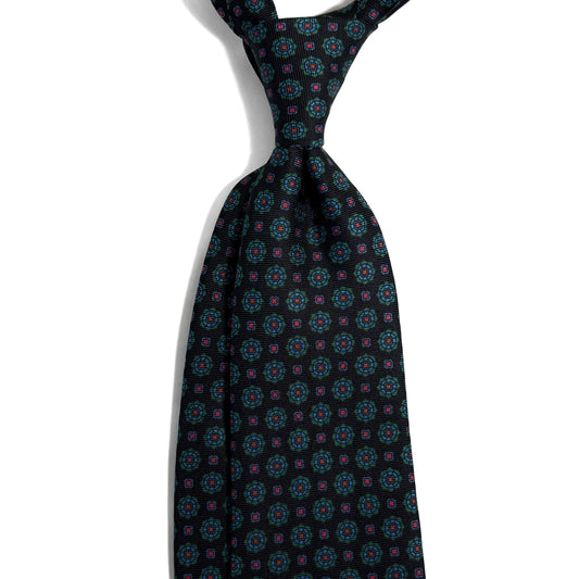 Hand-Printed Black Floral Silk Twill Tie - Handmade in England