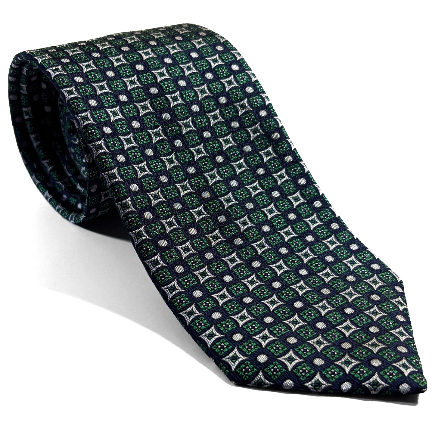 Navy Blue & Green Geometric Silk Jacquard Tie - Handmade in England
