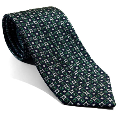 Navy Blue & Green Geometric Silk Jacquard Tie - Handmade in England