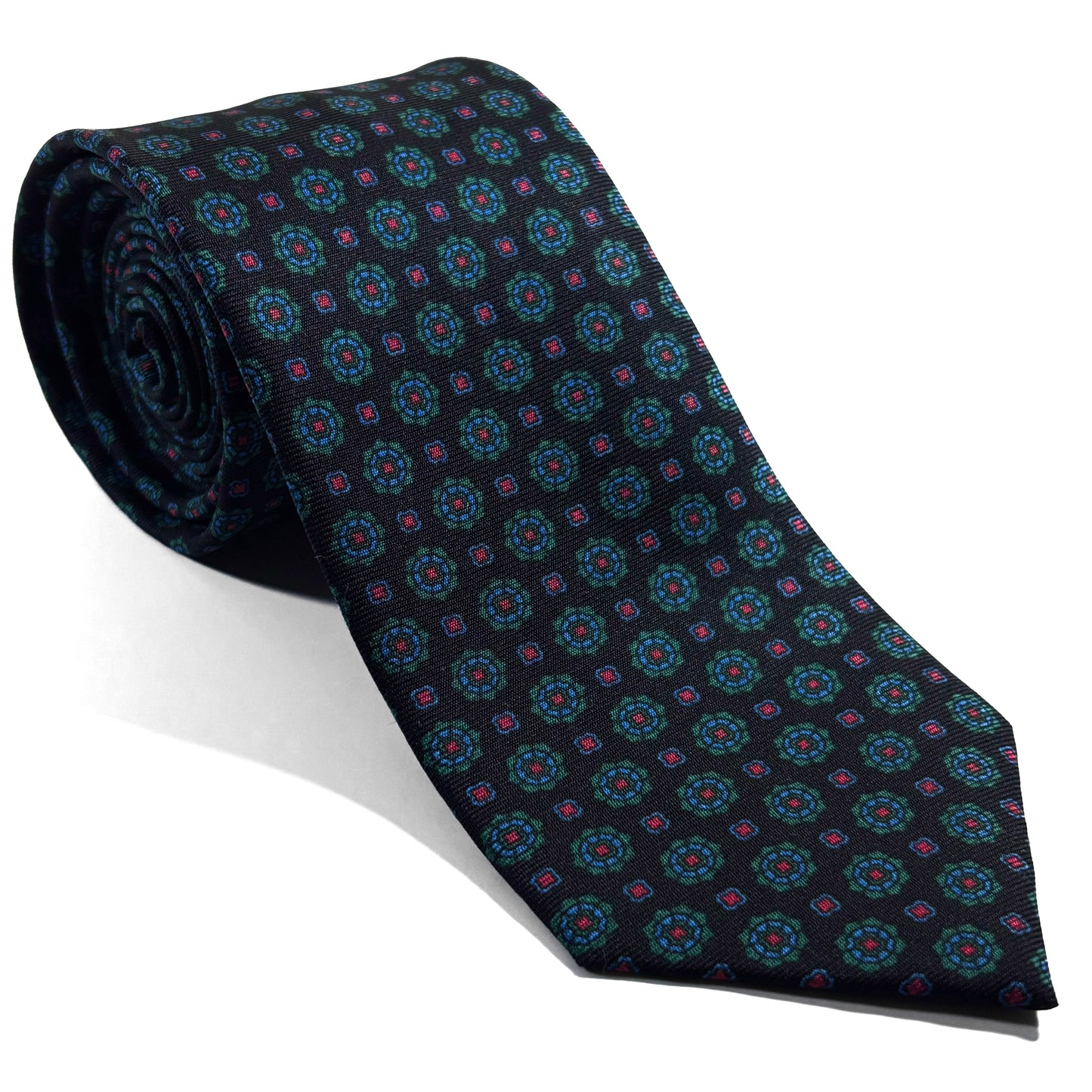 Hand-Printed Black Floral Silk Twill Tie - Handmade in England