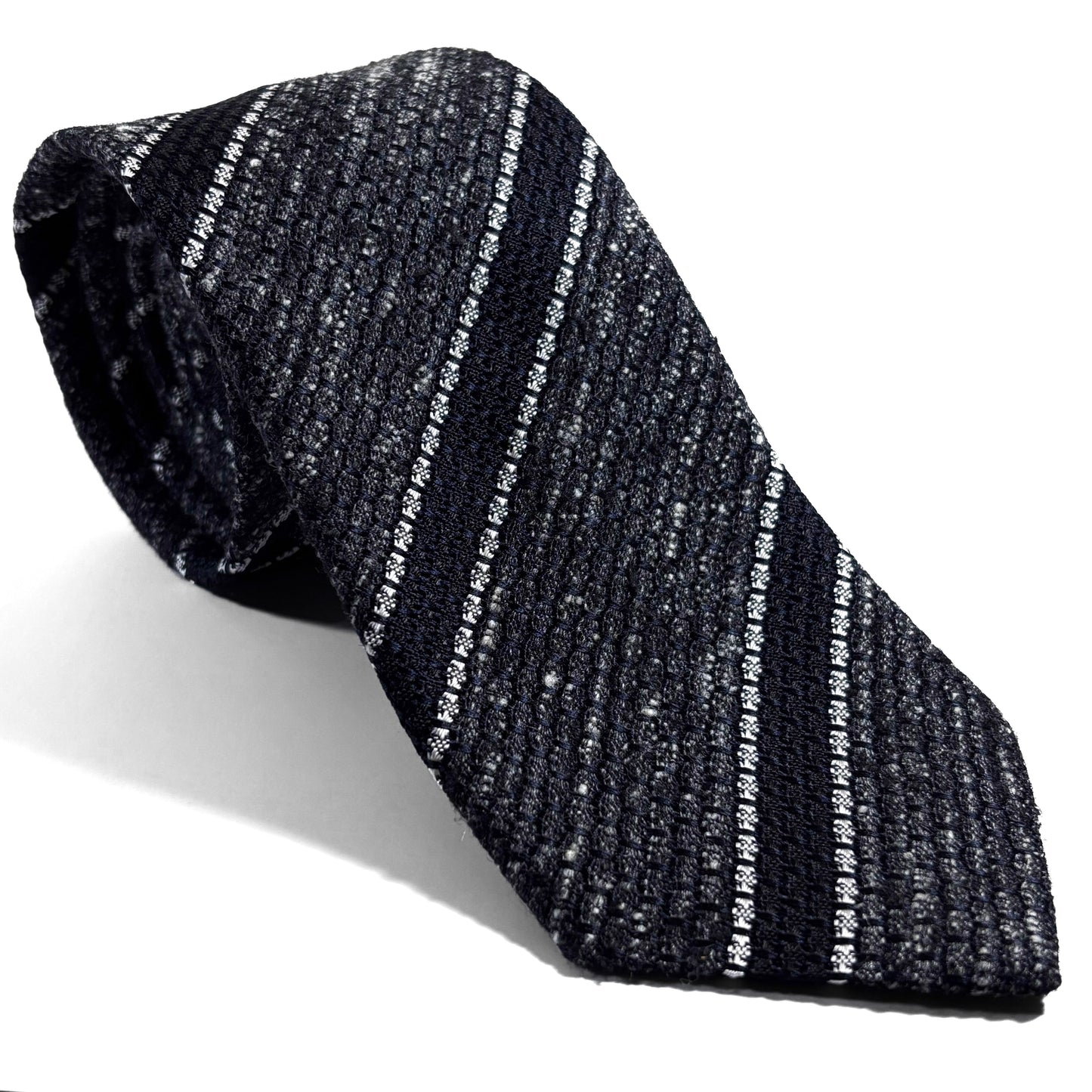 Charcoal Gray Striped Tussah Silk Grenadine Tie (Garza Grossa) - Handmade in Italy