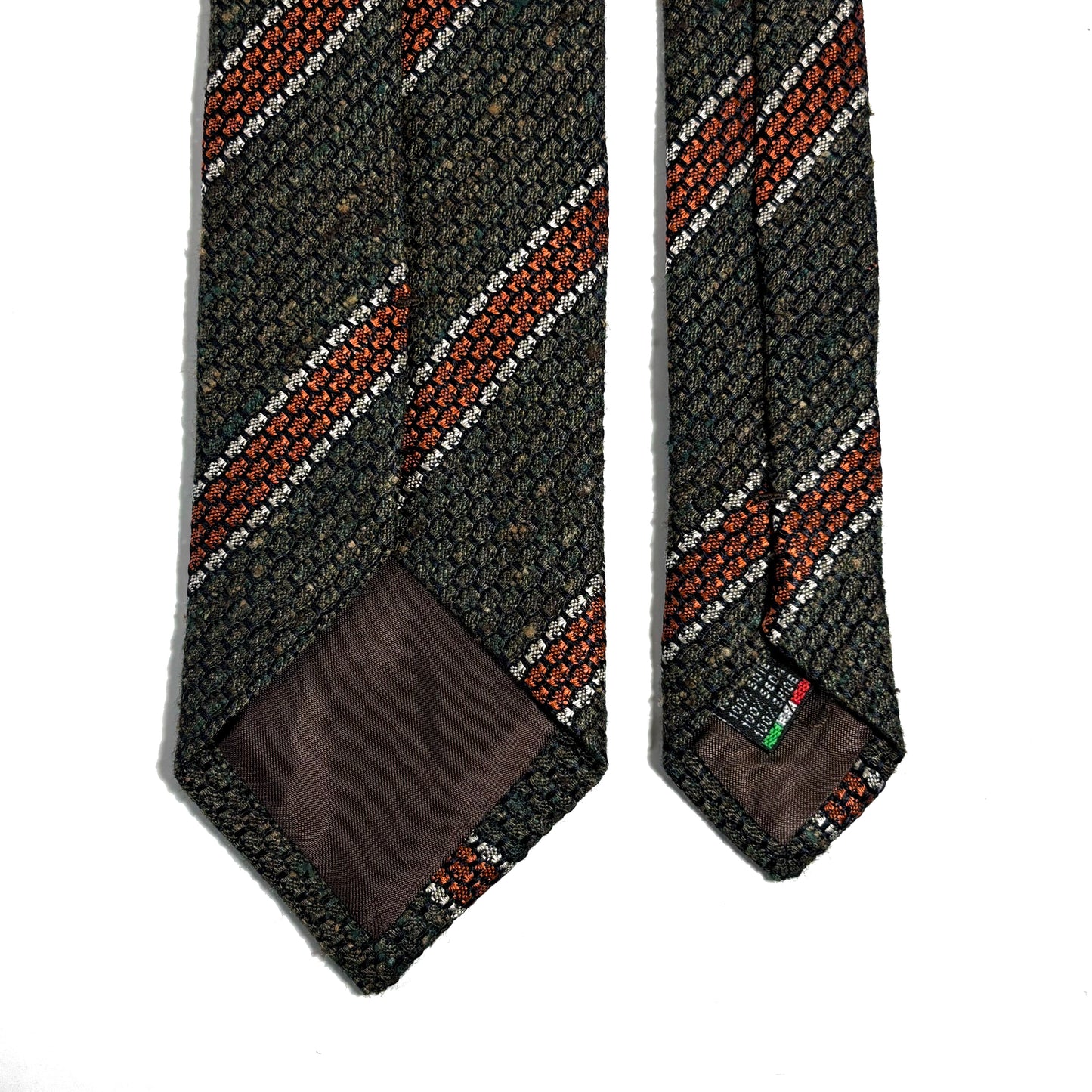 Forest Green & Orange Striped Tussah Silk Grenadine Tie (Garza Grossa) - Handmade in Italy