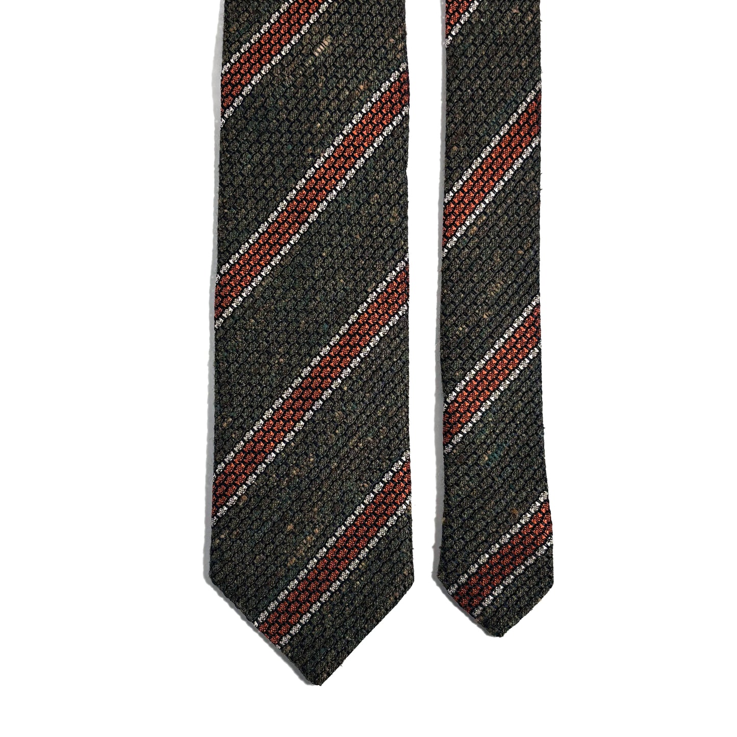 Forest Green & Orange Striped Tussah Silk Grenadine Tie (Garza Grossa) - Handmade in Italy