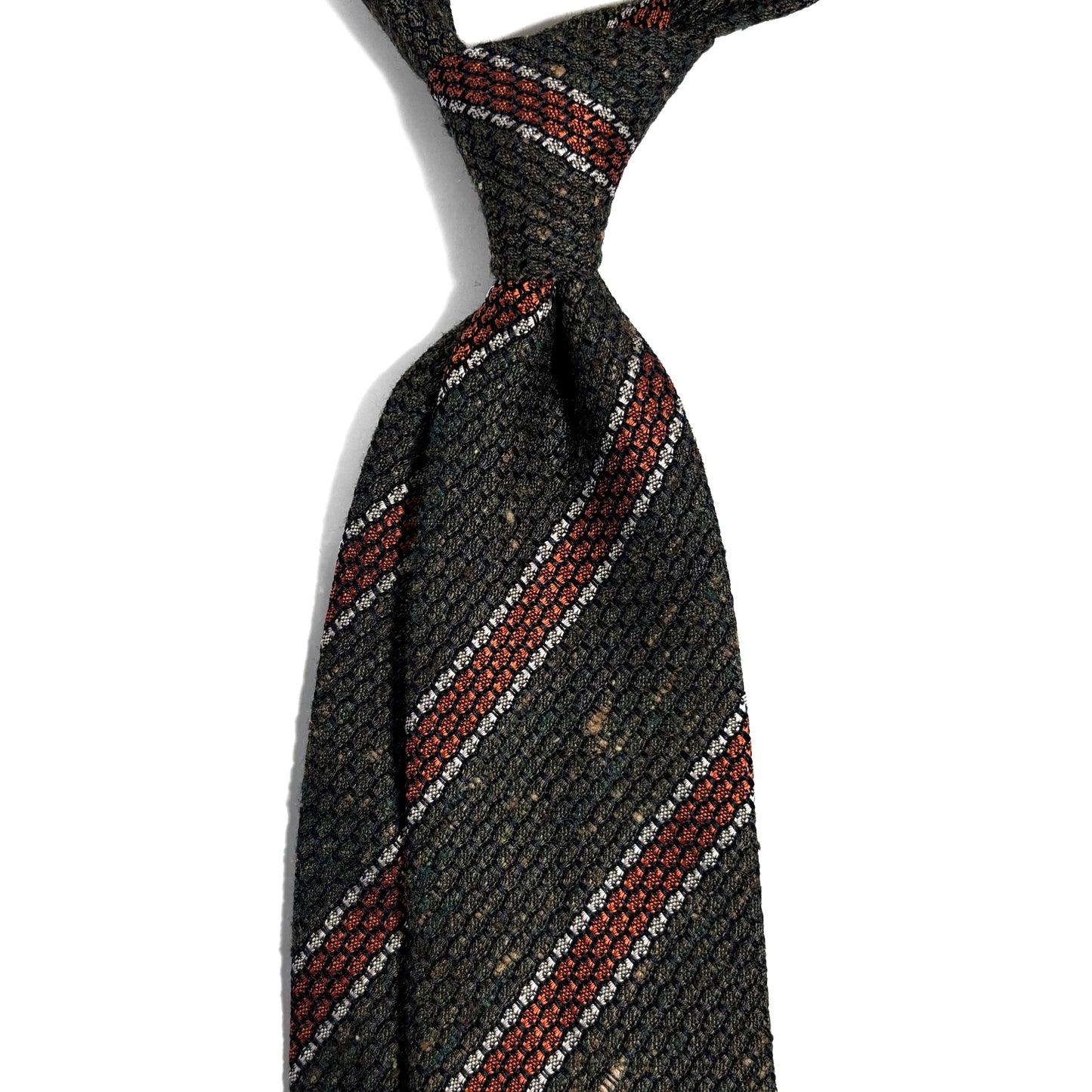 Forest Green & Orange Striped Tussah Silk Grenadine Tie (Garza Grossa) - Handmade in Italy