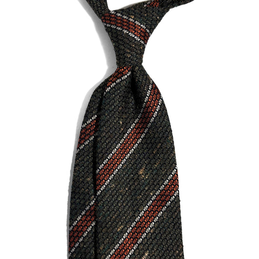 Forest Green & Orange Striped Tussah Silk Grenadine Tie (Garza Grossa) - Handmade in Italy