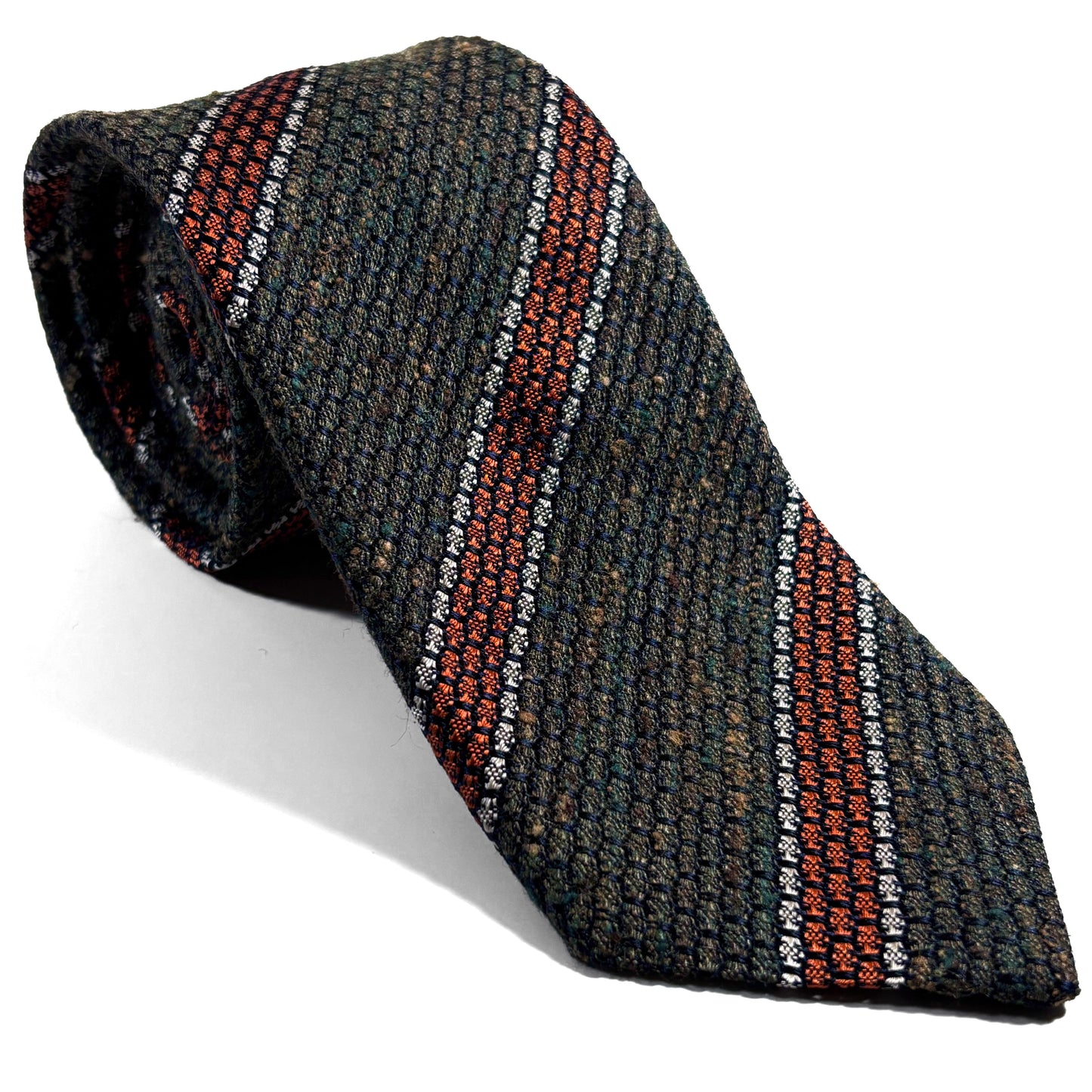 Forest Green & Orange Striped Tussah Silk Grenadine Tie (Garza Grossa) - Handmade in Italy