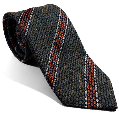 Forest Green & Orange Striped Tussah Silk Grenadine Tie (Garza Grossa) - Handmade in Italy