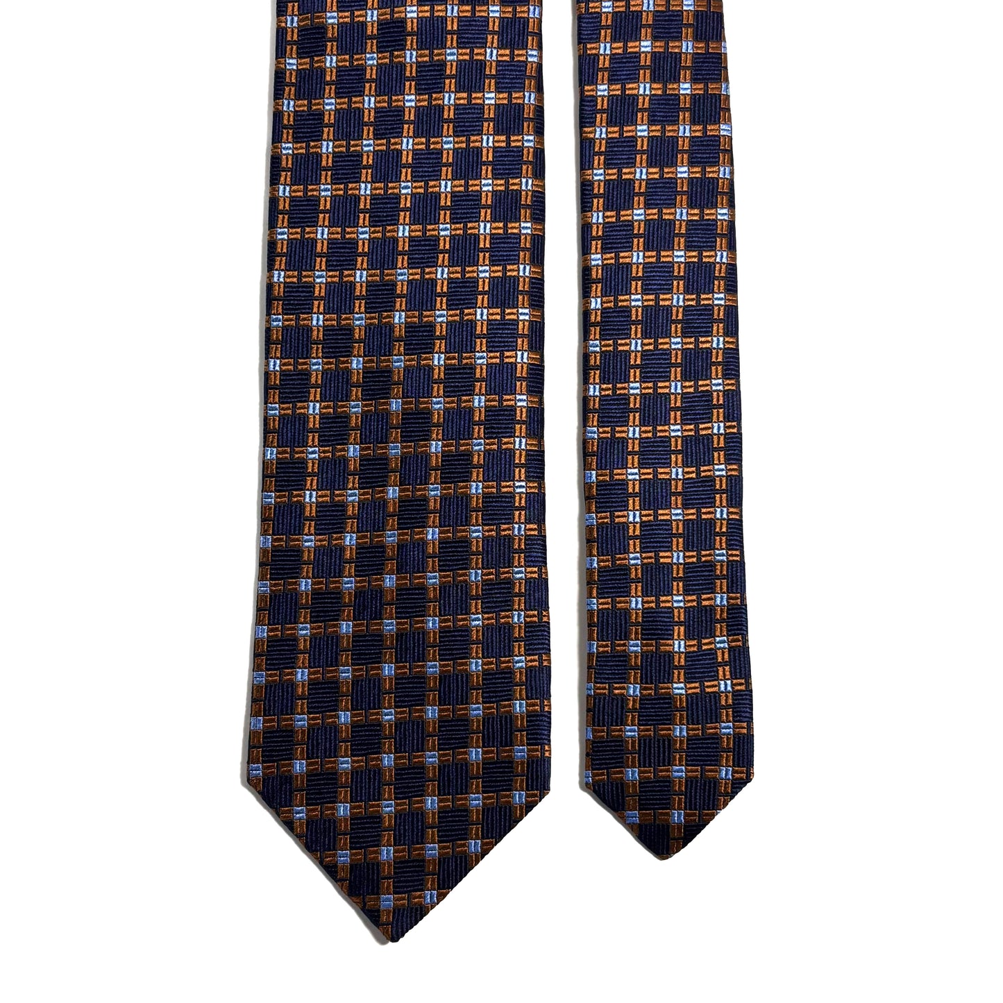 Navy Blue & Copper Geometric Silk Jacquard Tie - Handmade in England