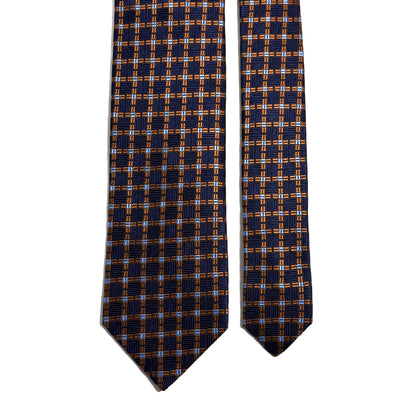 Navy Blue & Copper Geometric Silk Jacquard Tie - Handmade in England