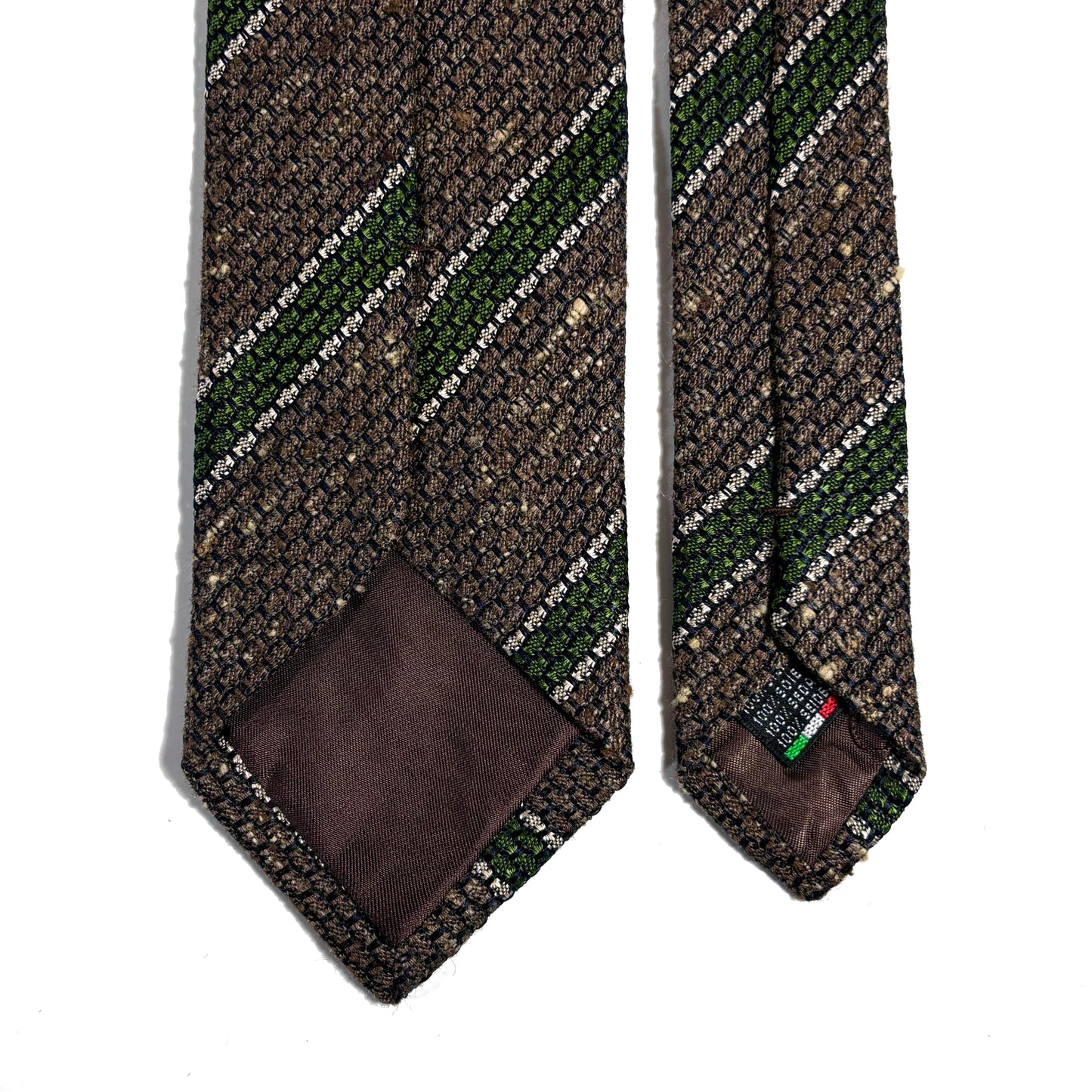 Brown & Green Striped Tussah Silk Grenadine Tie (Garza Grossa) - Handmade in Italy