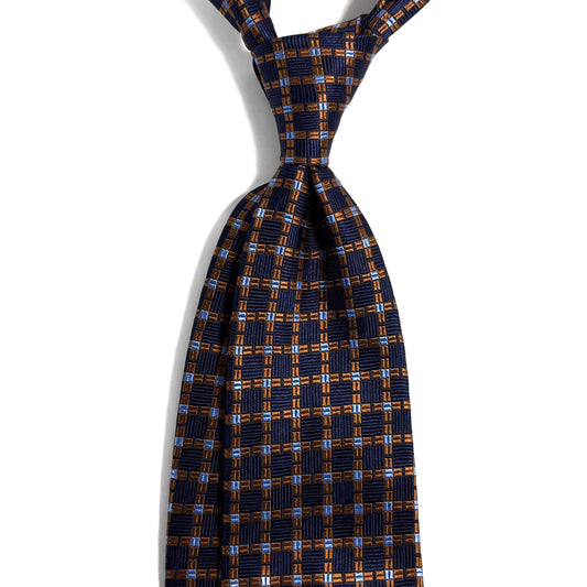 Navy Blue & Copper Geometric Silk Jacquard Tie - Handmade in England