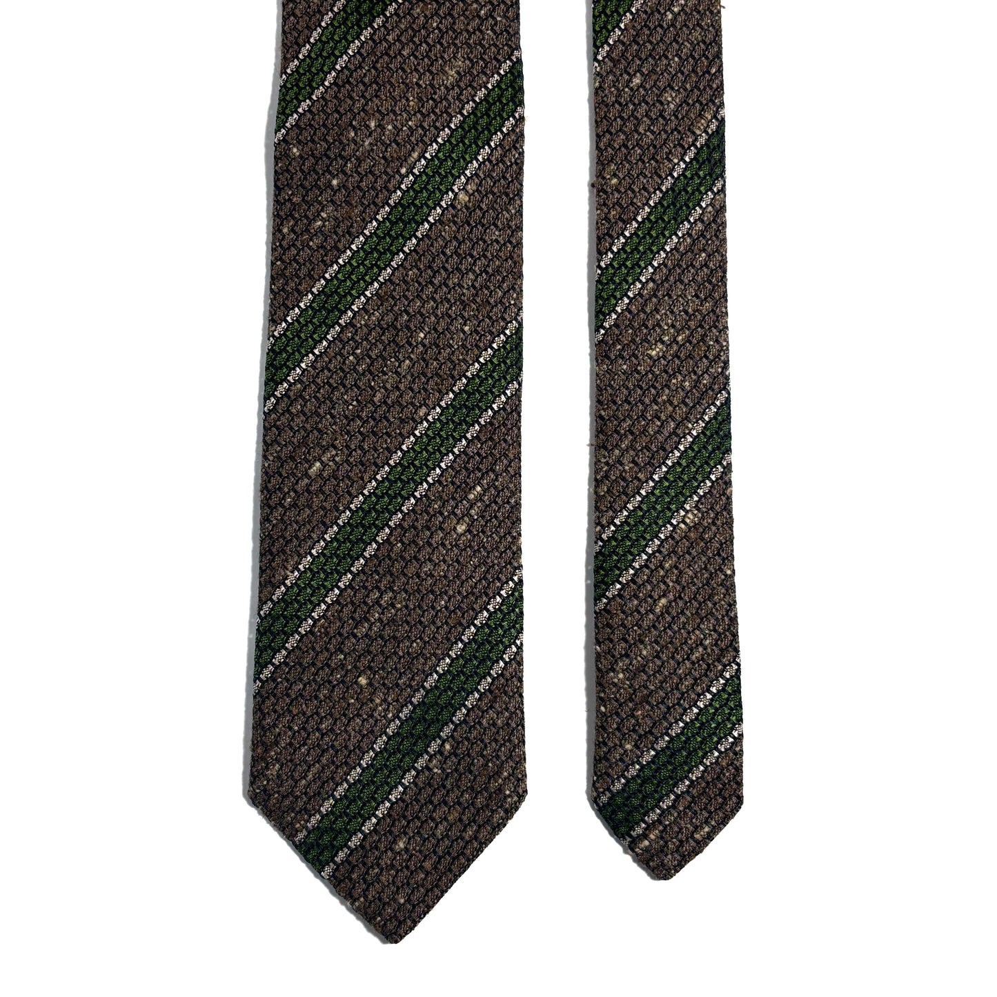 Brown & Green Striped Tussah Silk Grenadine Tie (Garza Grossa) - Handmade in Italy