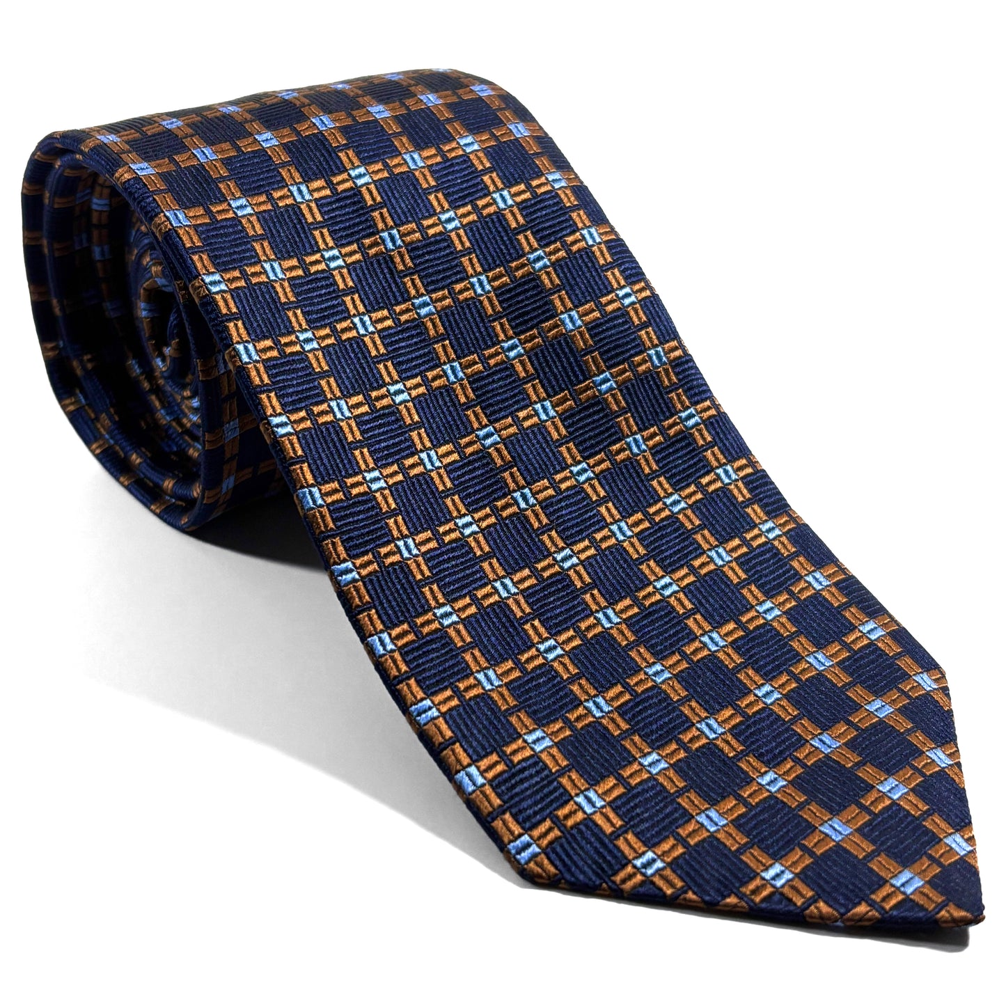 Navy Blue & Copper Geometric Silk Jacquard Tie - Handmade in England