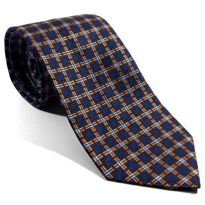 Navy Blue & Copper Geometric Silk Jacquard Tie - Handmade in England