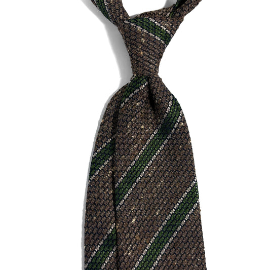 Brown & Green Striped Tussah Silk Grenadine Tie (Garza Grossa) - Handmade in Italy