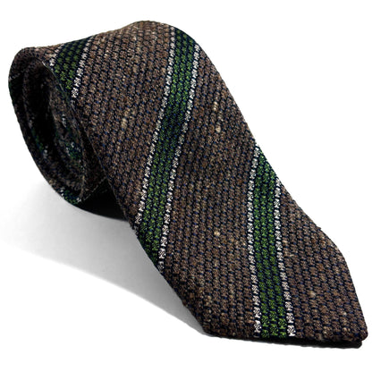 Brown & Green Striped Tussah Silk Grenadine Tie (Garza Grossa) - Handmade in Italy