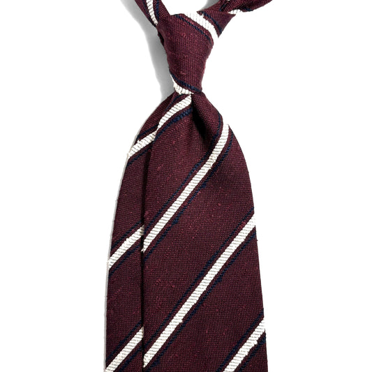 Burgundy & White Striped Silk Shantung Tie - Handmade in Italy