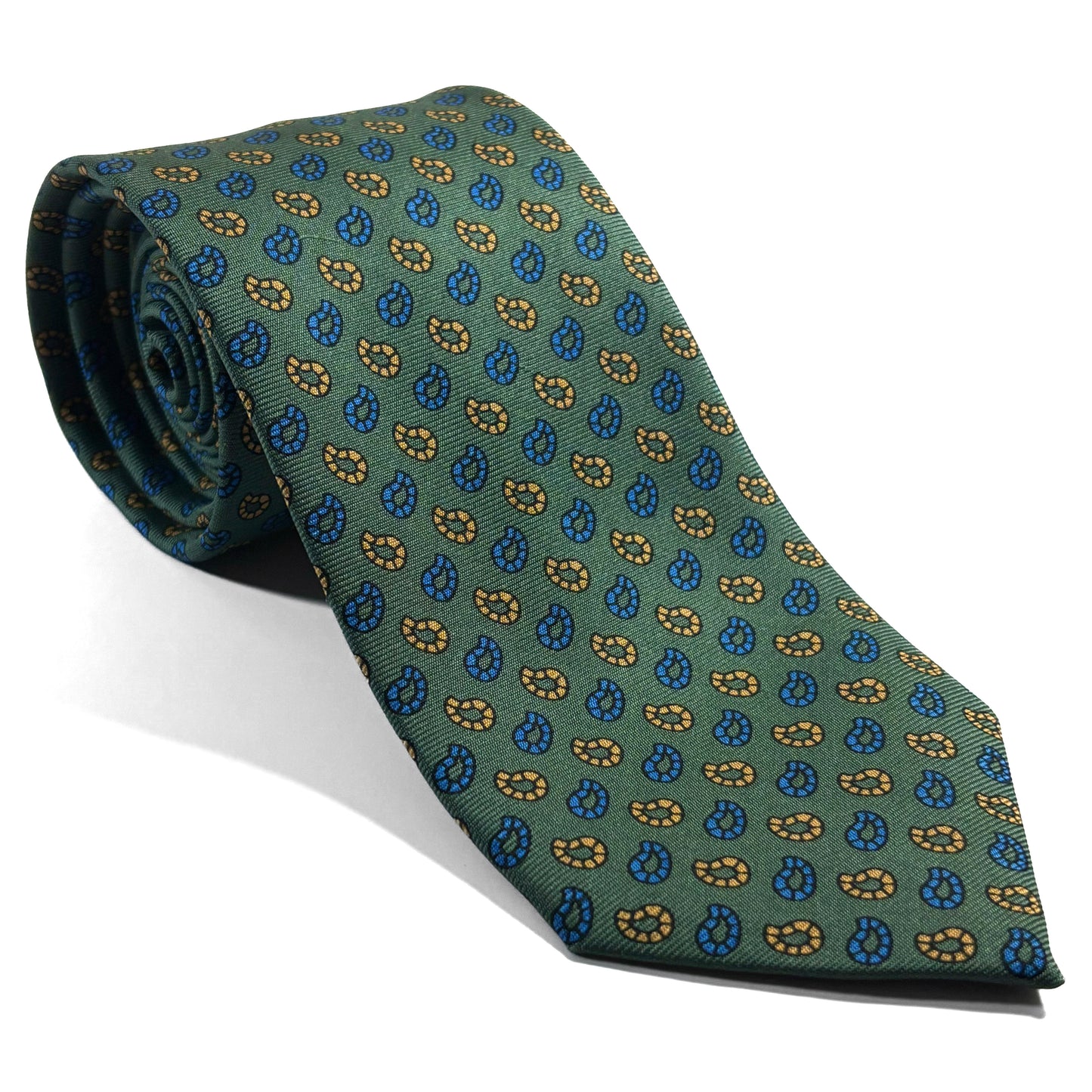 Hand-Printed Green Paisley Silk Twill Tie - Handmade in England