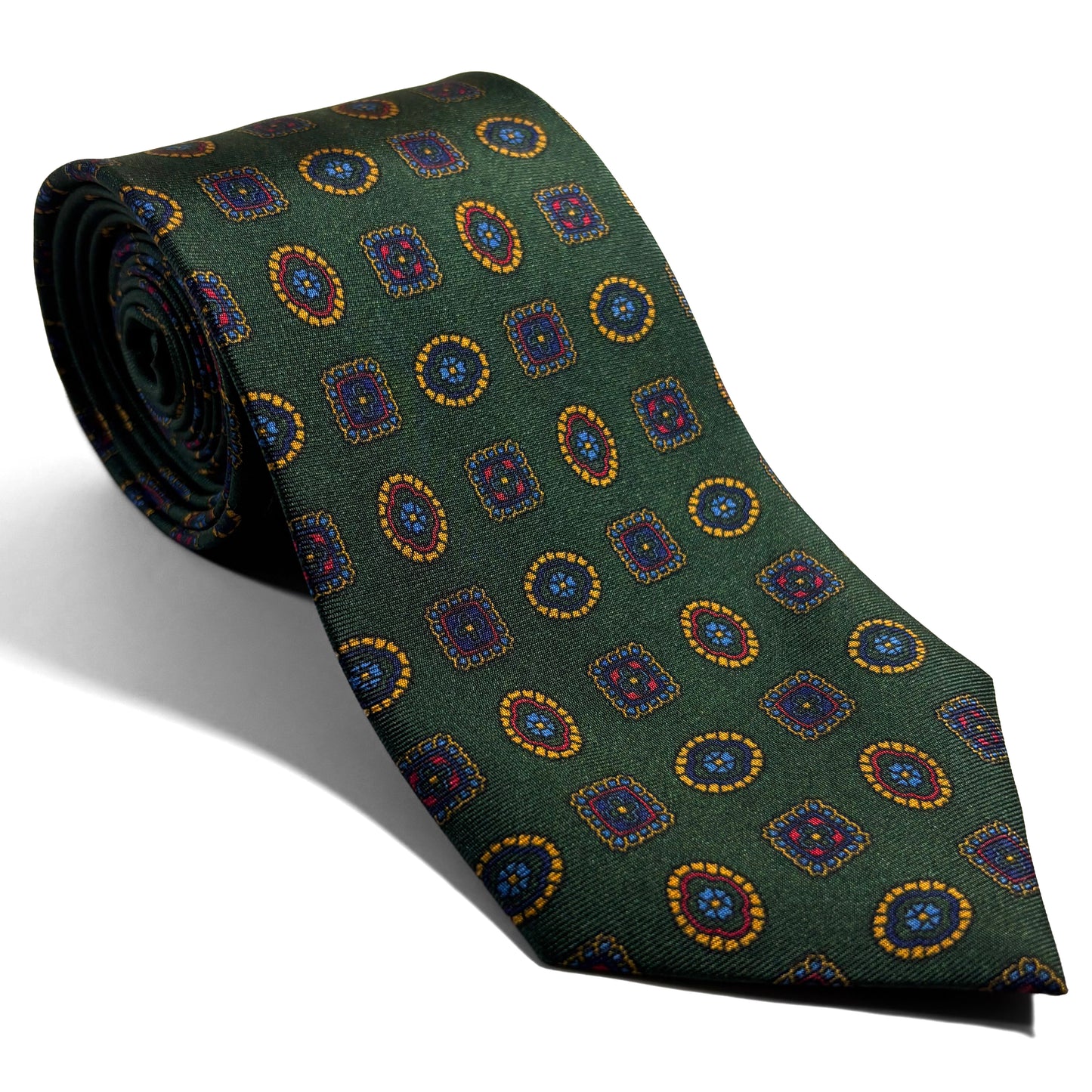 Forest Green Geometric Printed Silk Tie - Handmade in England