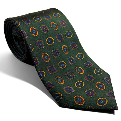 Forest Green Geometric Printed Silk Tie - Handmade in England