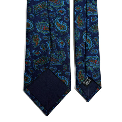 Hand-Printed Navy Blue & Blue Paisley Silk Twill Tie - Handmade in England