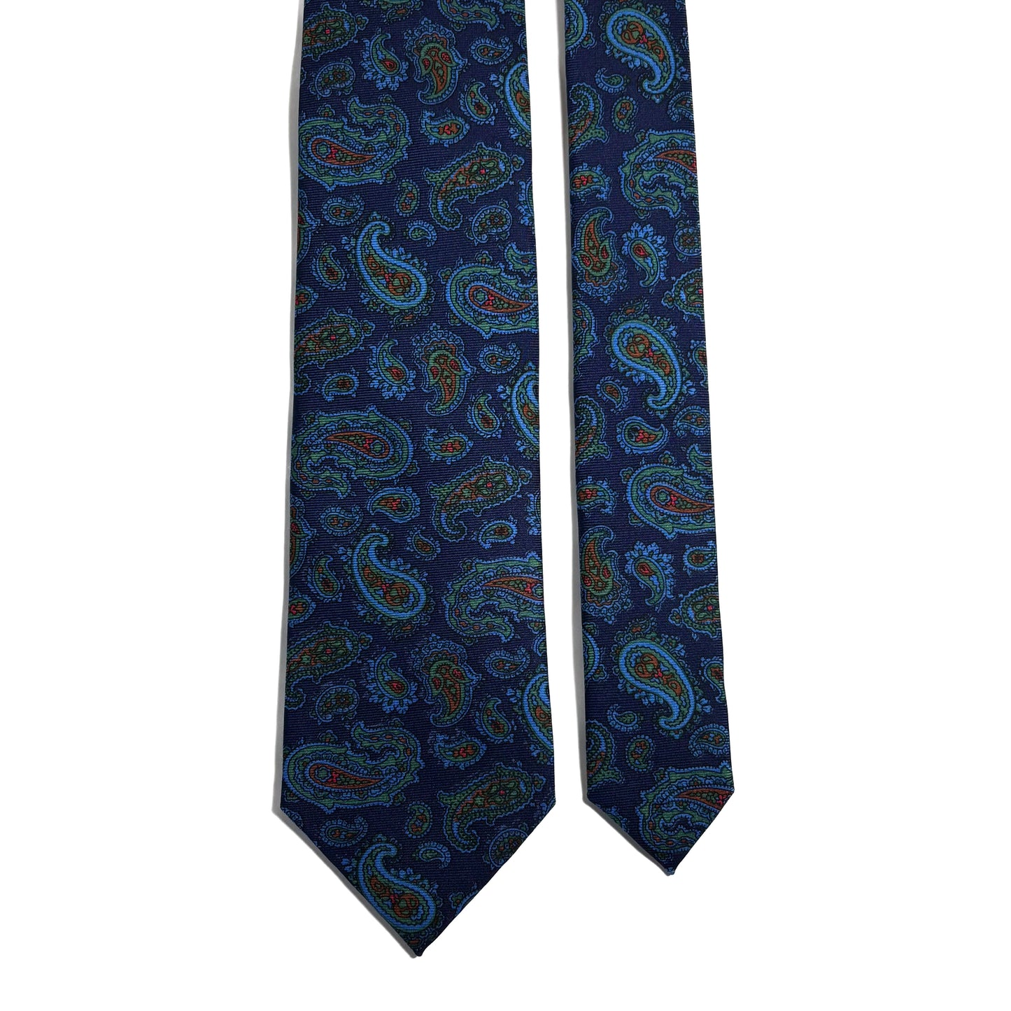Hand-Printed Navy Blue & Blue Paisley Silk Twill Tie - Handmade in England
