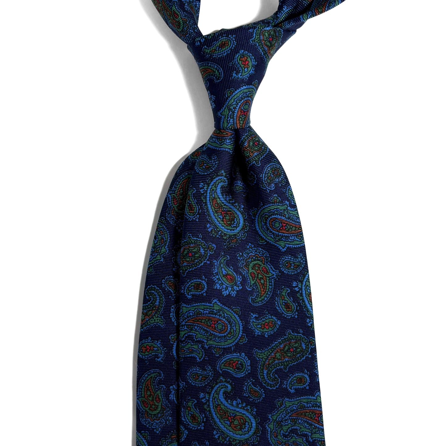 Hand-Printed Navy Blue & Blue Paisley Silk Twill Tie - Handmade in England