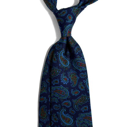 Hand-Printed Navy Blue & Blue Paisley Silk Twill Tie - Handmade in England