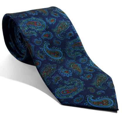 Hand-Printed Navy Blue & Blue Paisley Silk Twill Tie - Handmade in England