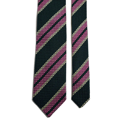 Forest Green & Pink Striped Silk Grenadine Tie (Garza Grossa) - Handmade in Italy