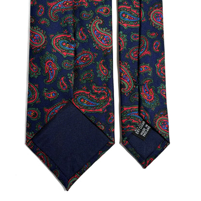 Hand-Printed Navy Blue & Red Paisley Silk Twill Tie - Handmade in England