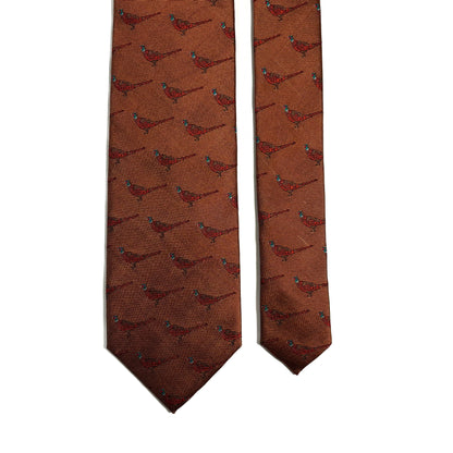 Brown Pheasant Motif Silk Jacquard Tie - Handmade in England