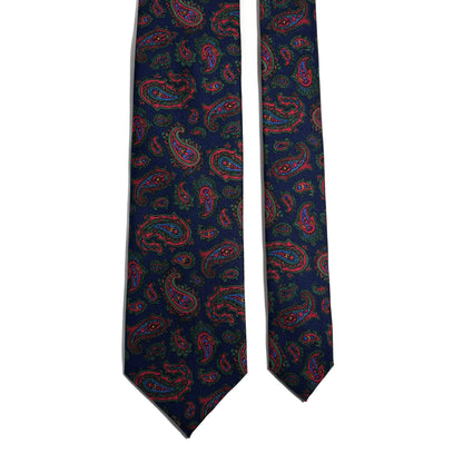 Hand-Printed Navy Blue & Red Paisley Silk Twill Tie - Handmade in England