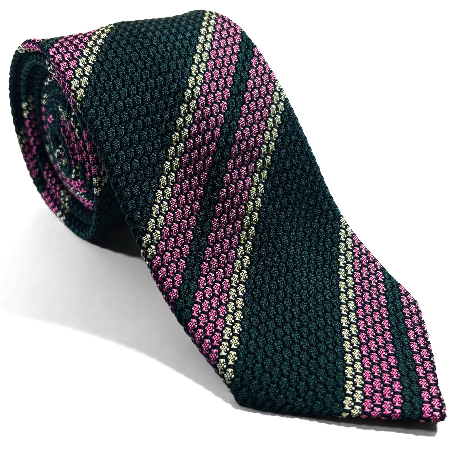 Forest Green & Pink Striped Silk Grenadine Tie (Garza Grossa) - Handmade in Italy