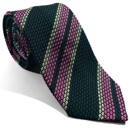 Forest Green & Pink Striped Silk Grenadine Tie (Garza Grossa) - Handmade in Italy